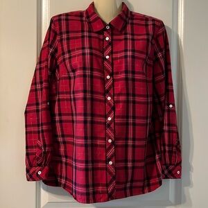 Versatile Red Plaid Ladies LS Button Down Shirt, SZ PL, Rollup Sleeve w Button